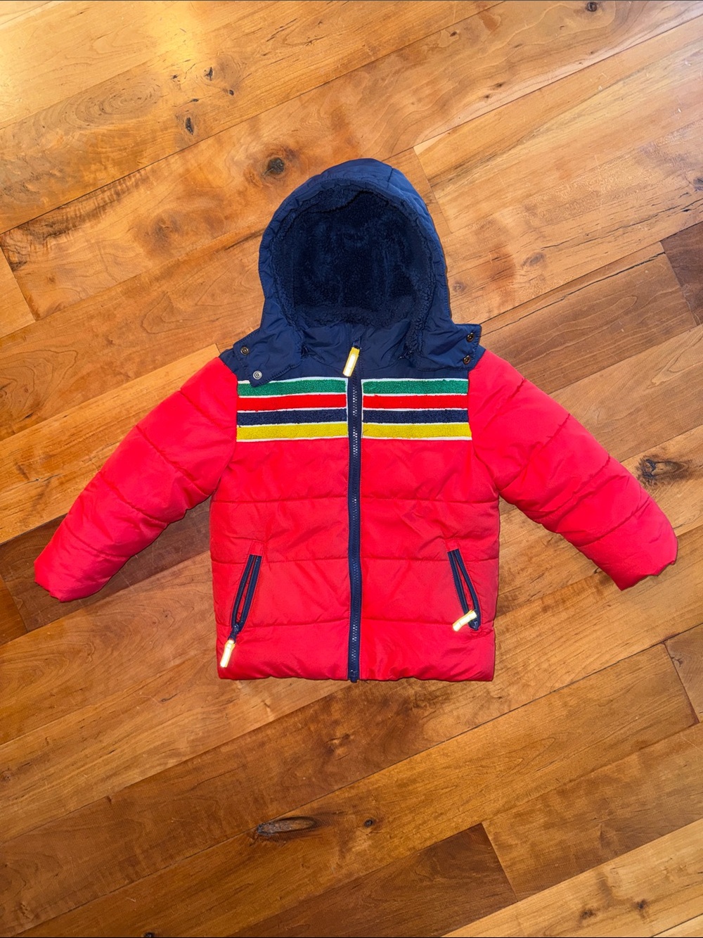 Boden Red Puffer Jacket with Navy Hood and Multicolor Stripe